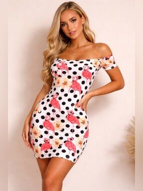 Beautiful summer style floral flamingo print casual dress stretchy feminine /  S